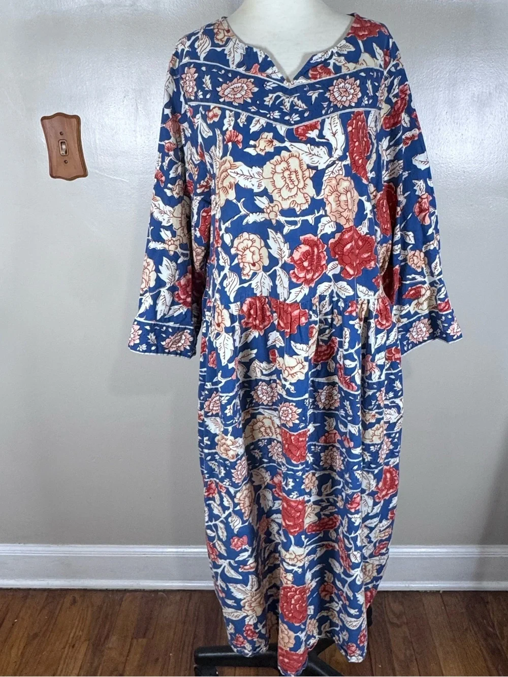 Vintage Vermont Country Store Blue Prairie Floral Mumu Lounge House Dress Sz L - Picture 2 of 10
